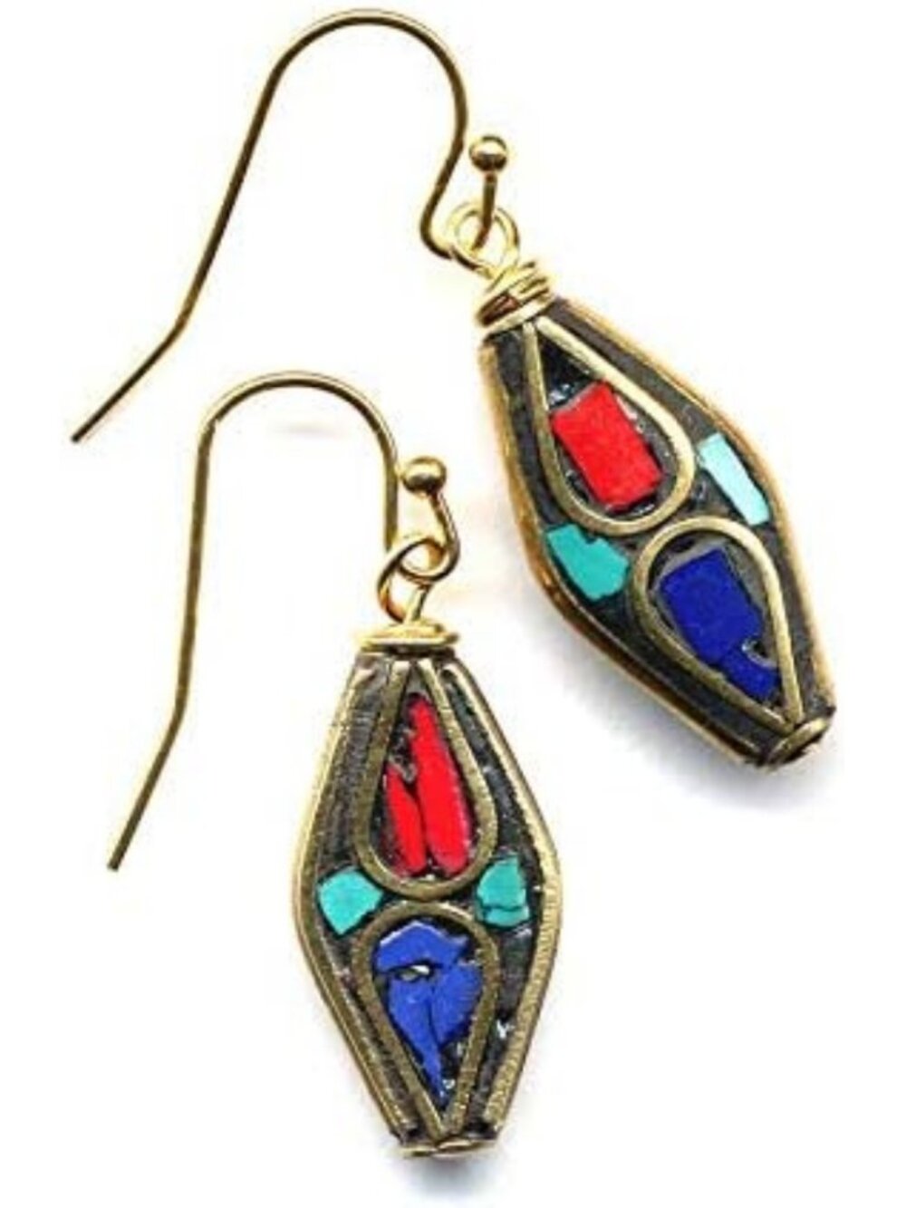 Bohemian Tribal Earrings, Lapis & Coral Turquoise, 18K Gold Filled, Nepal Style
